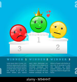 Traurig, Neutral und lächelndes Gesicht Symbole auf 3D Preis Podium. Gewinner Auszeichnung. Vector Illustration Stock Vektor