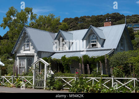 Ziemlich alten Viktorianischen Häusern, Akaroa South Island, Neuseeland Stockfoto