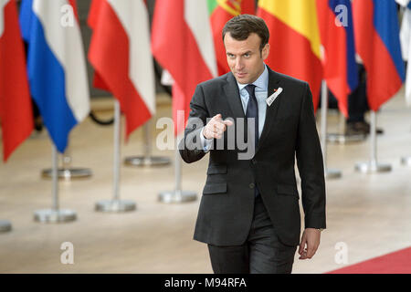 Brüssel, Bxl, Belgien. 22 Mär, 2018. Der französische Präsident Emmanuel Längestrich kommt für den Europäischen Rat, die EU-Mitgliedstaaten in Brüssel, Belgien am 22.03.2018 von Wiktor Dabkowski Credit: Wiktor Dabkowski/ZUMA Draht/Alamy leben Nachrichten Stockfoto