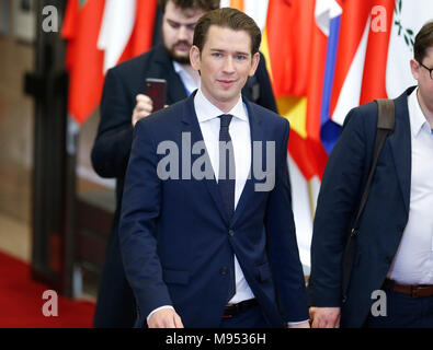 Brüssel, Belgien. 23 Mär, 2018. Der österreichische Kanzler Sebastian Kurz lässt EU-Hauptquartier nach dem ersten Tag der Frühling EU-Gipfel EU-Zentrale in Brüssel, Belgien, am 23. März 2018. Credit: Ihr Pingfan/Xinhua/Alamy leben Nachrichten Stockfoto