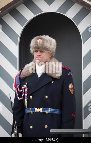 Ein Sentry trägt den Ruritanian Stil einheitliche außerhalb der Prager Burg, am Hradcany-Prazsky Hrad (Prager Burg), am 18. März 2018, in Prag, Tschechische Republik. Nach der Samtenen Revolution 1990, als das kommunistische Regime endete, Václav Havel, der erste Präsident der Tschechischen Republik wollte Uniformen seines Schutzvorrichtungen von der khaki unterschieden werden, um die Kommunisten trug und die wichtigsten in den Nachbarländern gefunden. Havel wählte Theodor Pistek, die tschechische Künstler- und Kostümbildner, die einen Academy Award für die besten Kostüme gewann für das Jahr 1984 Film Amadeus. Stockfoto