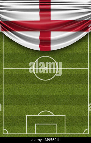 England Landesflagge drapiert über einen Fußball Fußballplatz. 3D-Rendering Stockfoto