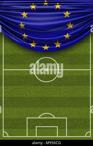 Land der Europäischen Union Flag drapiert über einen Fußball Fußballplatz. 3D-Rendering Stockfoto