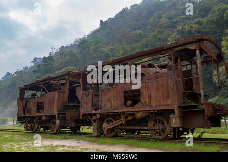 Alten rostigen Züge, verlassenen Bahntrasse, Paranapiacaba, Santo Andre, Staat Sao Paulo, Brasilien Stockfoto