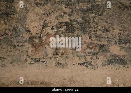 Piktogramme bestehen noch auf den Mauern der Ruinen von Bandelier National Monument in New Mexico. Stockfoto