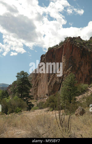 Alte Puebloan Menschen errichtete Häuser auf dem Talboden und in die Seiten des weichen vulkanischen Tuff Klippen im Bandelier National Monument. Stockfoto