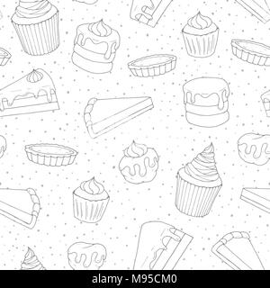 Hand gezeichnet Vektor Gebäck nahtlose Muster mit Kuchen, Torten, Muffins, Eclairs mit Topping abgedeckt. Süße Backwaren Konturen in skizzenhaften Stil Stock Vektor