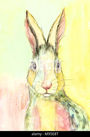 Farbige Zeichnung eines Kaninchen auf einem gelben und grünen Hintergrund. Die Tupfen Technik gibt einen Weichzeichner Effekt aufgrund der veränderten Oberflächenrauhigkeit von Stockfoto