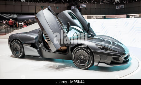 Genf, Schweiz - 7. MÄRZ 2018: Neue rimac C Zwei elektrische hyper Auto auf dem 88. Internationalen Automobilsalon in Genf präsentiert. Stockfoto