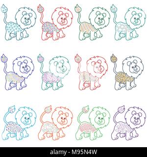 Set von 12 lustigen Cartoon Löwen mit verschiedenen dekorativen Gestaltungselementen, Vektor, Abbildung Stock Vektor