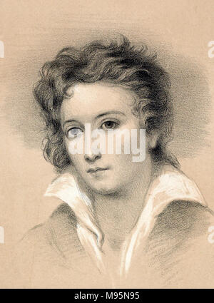 Percy Shelley. Porträt der englischen romantischen Dichter Percy Bysshe Shelley (1792-1822), Lithographie von John Alfred Winzer aus dem ursprünglichen Bild von George Clint. Stockfoto