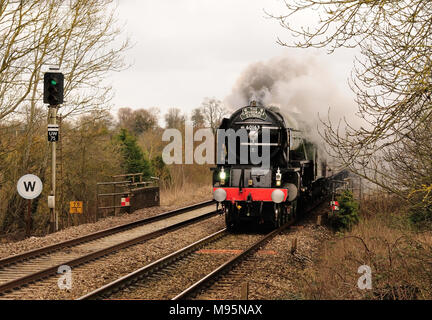 Der Cathedrals Express, der durch Pewsey raste, wird von der Klasse A1 Pacific No 60163 Tornado gezogen. 14.. Februar 2010. Stockfoto