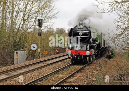 Der Cathedrals Express, der durch Pewsey raste, wird von der Klasse A1 Pacific No 60163 Tornado gezogen. 14.. Februar 2010. Stockfoto