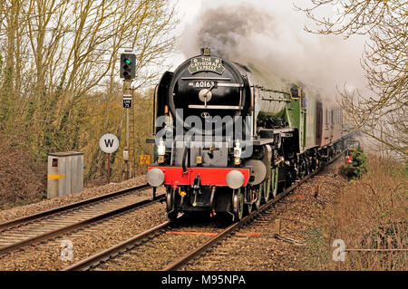 Der Cathedrals Express, der durch Pewsey raste, wird von der Klasse A1 Pacific No 60163 Tornado gezogen. 14.. Februar 2010. Stockfoto