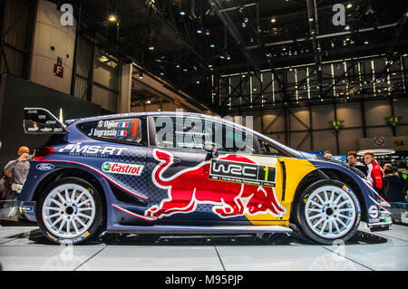 Genf, Schweiz - 17 März 2018: Ford Fiesta WRC OGIER Superfast Sport Auto auf dem 88. Internationalen Automobilsalon in Genf präsentiert Stockfoto