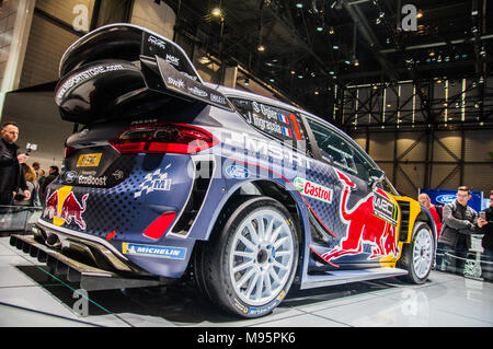 Genf, Schweiz - 17 März 2018: Ford Fiesta WRC OGIER Superfast Sport Auto auf dem 88. Internationalen Automobilsalon in Genf präsentiert Stockfoto