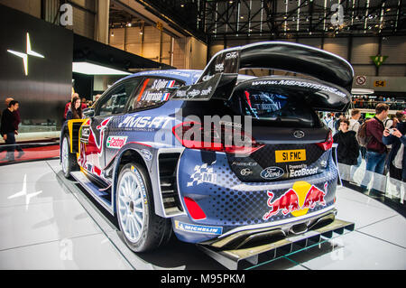 Genf, Schweiz - 17 März 2018: Ford Fiesta WRC OGIER Superfast Sport Auto auf dem 88. Internationalen Automobilsalon in Genf präsentiert Stockfoto