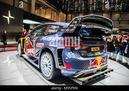 Genf, Schweiz - 17 März 2018: Ford Fiesta WRC OGIER Superfast Sport Auto auf dem 88. Internationalen Automobilsalon in Genf präsentiert Stockfoto