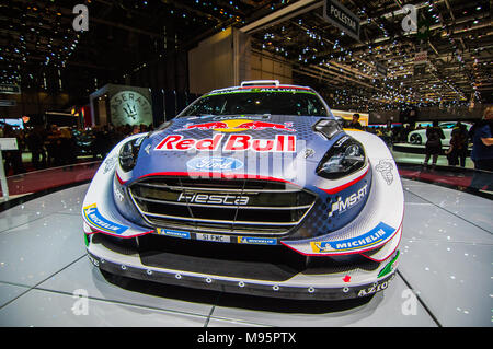 Genf, Schweiz - 17 März 2018: Ford Fiesta WRC OGIER Superfast Sport Auto auf dem 88. Internationalen Automobilsalon in Genf präsentiert Stockfoto