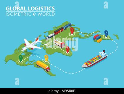 Global Logistic isometrische Fahrzeug Infografik. Schiff Cargo Truck Van Logistik Service. Import Export Kette. Gewährleistet die Lieferungen Zeichnung. Stock Vektor