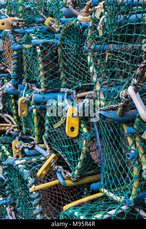 Hummer Töpfe gespeichert werden, die auf der heiligen Insel, Northumberland, England, Großbritannien Stockfoto