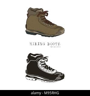 Jahrgang Hand gezeichnet Reisen Stiefel im Retro Stil, Farbe und Monochrom. Wandern schuhe Label, Grunge texturiert. T-Shirt mit Wandern Schuh, trekking Boot. Vektor Illustration isoliert Stock Vektor