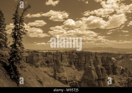 Sepia getonten Bild des Bryce Canyon mit Sandstein Felsformationen und Bäumen unter einem Himmel mit Fluffy Clouds. Stockfoto