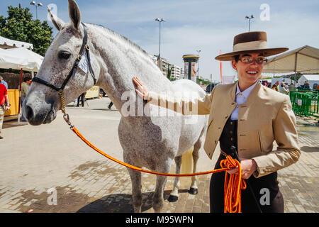 Cordoba, Andalusien, Spanien: Im andalusischen Reiterin und reinrassigen Mare im Cordoba Horse Fair. Stockfoto