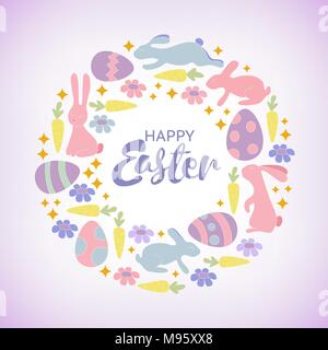 Ostern Karte mit niedlichen Hasen, Hühner und, Eule und Blumen im Comic-Stil Stock Vektor