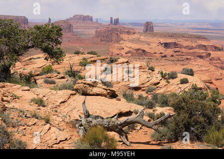 Bäume und geschichteten Felsen frame Monument Valley von unten, von Jagden Mesa Stockfoto