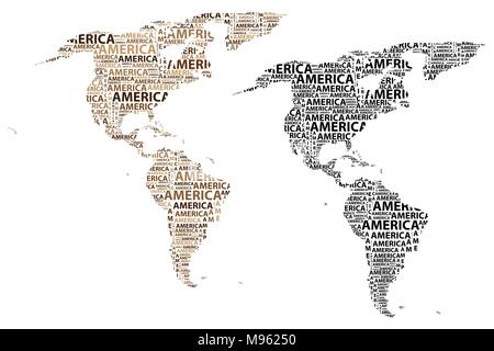 Skizze Amerika schreiben Text Kontinent Amerika Wort - in der Form des Kontinents, Karte von Kontinent Amerika - braun und schwarz Vector Illustration Stock Vektor