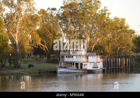 Dampfbetriebene paddeln Boot festgemacht an der Wentworth Wharf auf der Unterlauf des Darling River. Stockfoto