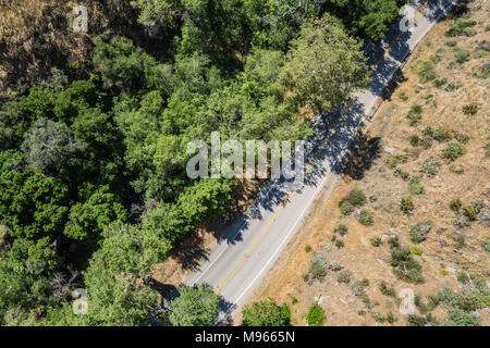 Grauen Asphalt Straße schlängelt sich durch das Tal Wald von Kalifornien Wüste. Stockfoto