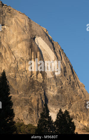 Detail der Narbe (heller Bereich) von Steinschlag aus dem Gesicht des El Capitan im Yosemite National Park links Stockfoto