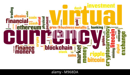 Virtuelle Währung Wort cloud Konzept auf weißem Hintergrund, 3D-Rendering. Stockfoto