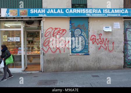 Ein halal Metzgerei, Fleisch Shop, in El Raval, Barcelona, Spanien Stockfoto