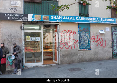 Ein halal Metzgerei, Fleisch Shop, in El Raval, Barcelona, Spanien Stockfoto