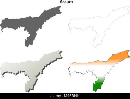 Assam leer detaillierte Gliederung Karte gesetzt Stock Vektor