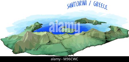 3D-Karte der Insel Santorini. Detaillierte Vector Illustration mit blauen Wasser Hintergrund. Isolierte Konzept für Infografik und Marketing. Stock Vektor