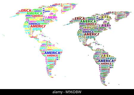 Skizze Amerika schreiben Text Kontinent Amerika Wort - in der Form des Kontinents, Karte von Kontinent Amerika - Color Vector Illustration Stock Vektor