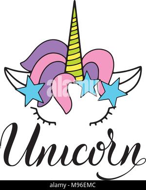 Einhorn süß Vektor Schriftzug und Illustration. Karte, Poster und T-Shirt Design. Stock Vektor