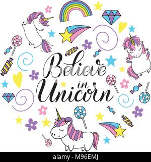 Einhorn süß Vektor Schriftzug und Illustration. In Einhörner Glauben. Karte, Poster und T-Shirt Design. Stock Vektor
