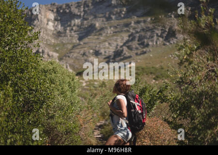 Weibliche Wanderer mit Rucksack im Wald Stockfoto