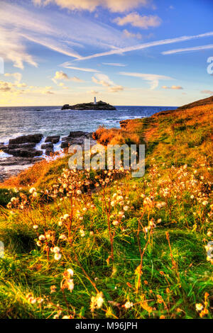 Godrevy Leuchtturm, godrevey Leuchtturm, godrevy Godrevy Leuchtturm Cornwall, Insel in der Bucht von St Ives, Cornwall, 26 Meter hohen achteckigen Turm von godrevy Stockfoto