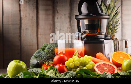 Langsam Entsafter mit biologischem Obst und Gemüse. Detox Diät Stockfoto