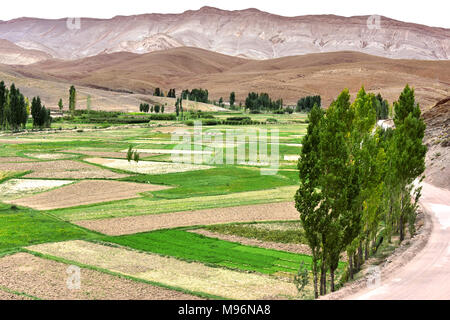 Landschaft Blick auf die Felder und die Berge des Hohen Atlas, Marokko. Stockfoto