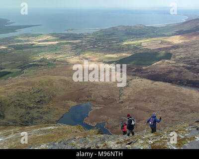 Wanderer in absteigender Reihenfolge von Slievanea Berg auf der Dingle Halbinsel nach Norden in Richtung Brandon Bay und die Maharees im County Kerry, Irland Stockfoto