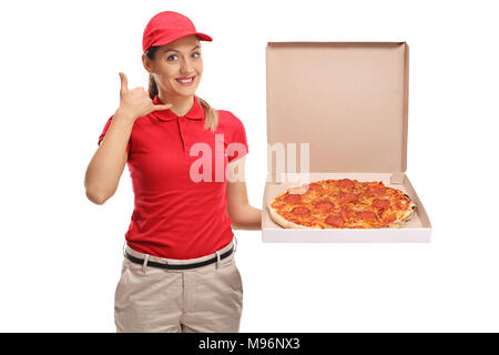 Pizza Delivery Mädchen anrufen mich Geste auf weißem Hintergrund Stockfoto