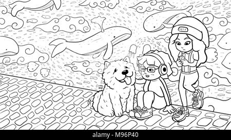 Zwei städtischen Mädchen und einen Chow Chow Dog vor einer Graffiti-wand - Schwarz-weiß Version Stockfoto