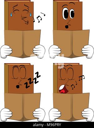 Bücher, ein Buch zu lesen. Cartoon Sammlung mit verschiedenen Gesichtern. Ausdrücke Vektor einrichten. Stock Vektor